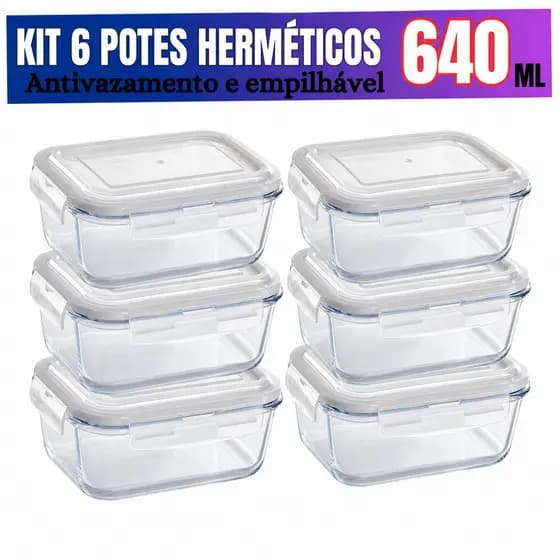 Kit de 6 até 12 Potes de Vidro 640ml - 370 ml Hermético Marmita Fit com Tampa 4 Travas Premium