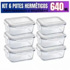 Kit de 6 até 12 Potes de Vidro 640ml - 370 ml Hermético Marmita Fit com Tampa 4 Travas Premium