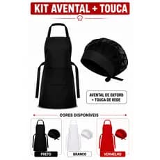 Kit 1 Avental de Cozinha + 1 Touca Tradicional Oxford Preto/Branco