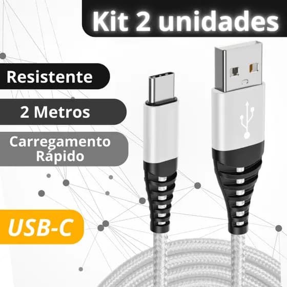 Kit 2 Cabo Tipo C Usb Carregador Ultra Rápido 2 metros Resistente Nylon Anti quebra
