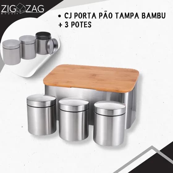 Conjunto Porta Pão Tampa Bambu + 3 Potes Mimo Style Inox, 700ml,  Porta Pão de Inox