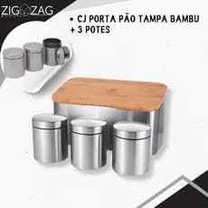 Conjunto Porta Pão Tampa Bambu + 3 Potes Mimo Style Inox, 700ml,  Porta Pão de Inox