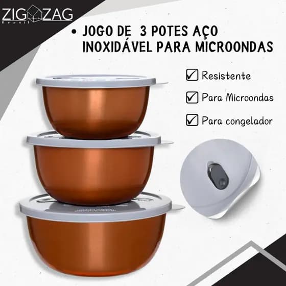Jogo de 3 Potes em Aço Inoxidável para Microondas e Congelador | Sirva Saladas, Massas, Guarnições, Molhos entre outros