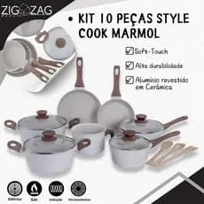 Kit de 10 Peças, Panelas Style Cook Marmol de Cerâmica Antiaderente | Para Fogão a Gás, Indução e Vitrocerâmico
