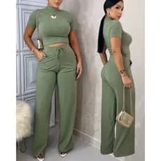 Conjunto Feminino Malha Canelada Toque de Algodao Calça e Blusa