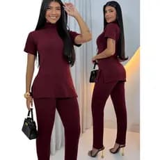 Conjunto Feminino Calça e Blusa Tampa Bubum Com Fenda na Malha Canelada Premium Com Elastano nos Tamanhos 34,36,38,40,42