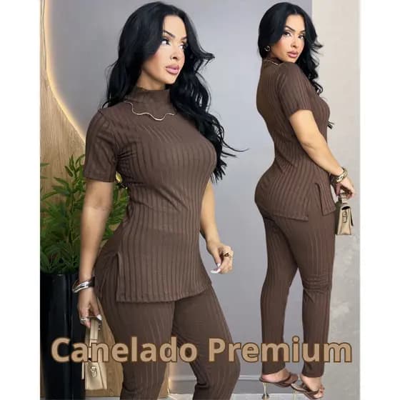 Conjunto Feminino Canelado Calça e Blusa Com Fenda na Lateral Tecido Premium