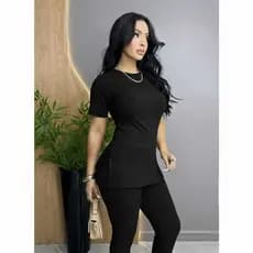 Conjunto Feminino Calça e Blusa para Trabalho e Fardamento na Malha Canelada Gola Tradicional