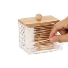 Organizador em Acrílico com Tampa de Bambu Porta Cotonete para Banheiro Penteadeira Multiuso