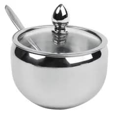 Açucareiro de Aço Inox com colher e Tampa de Vidro Moderno