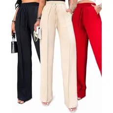 Calça Pantalona Feminina Cintura Alta com Bolsos TECIDO DUNA em Verde Marrom Preto Rosa e vermelho