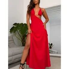 Vestido Longo Femenino Com Bojo Lateral Costa Nua Amarracao de Festa Con Fenda Tecido Duna