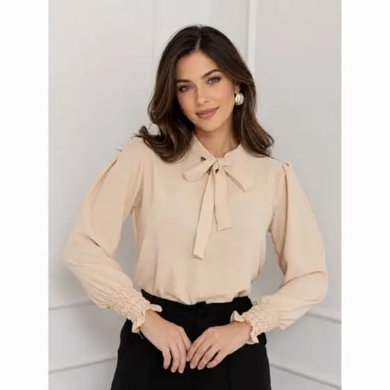 Camisa Blusa Evangélica Social Feminina Mangá Longa Tecido Duna Com Amarração Lançamento
