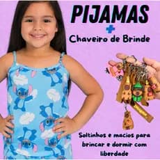 Pijama Infantil Estampado de Personagens stitch confortável durável receba chaveiro de brinde