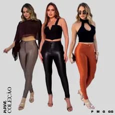 CALÇA DISCO CIRRE TIPO COURO FAKE COM BOTAO LEGGING DISCO PANT FEMENINA