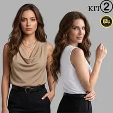 KIT 2 Blusa Regata Feminina Gola Boba Suplex Moda Verão Elegante Social Casual