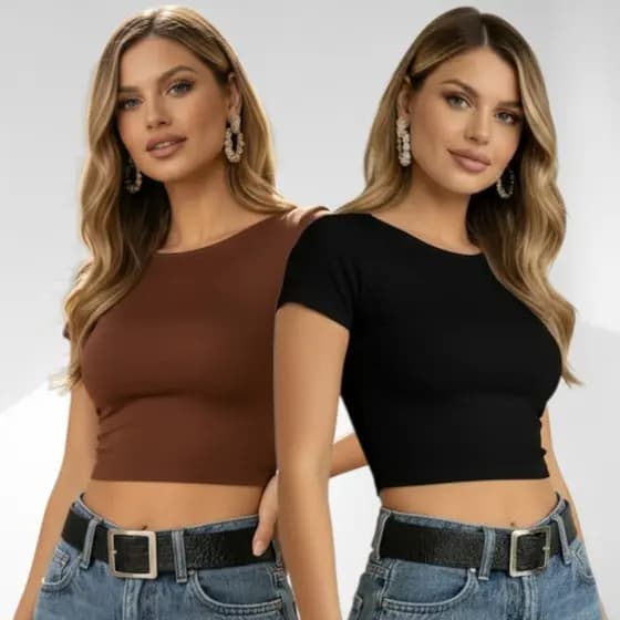 Kit 2 Blusinha Top Cropped Feminino Blusa Costa Nua Baby Tee Básico Casual Premium Confortável