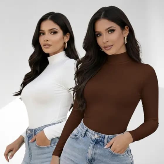 Body Feminino Moda Gringa Básico Estiloso Tendencia Gola Alta Manga Longa Suplex Premium