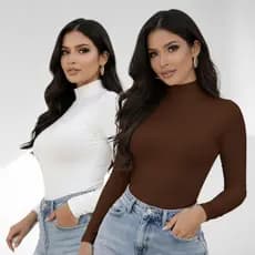 Body Feminino Moda Gringa Básico Estiloso Tendencia Gola Alta Manga Longa Suplex Premium