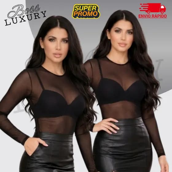 Body Tule Feminino Transparente Manga Longa Gola Redonda Elegante Sexi Look Festa Balada
