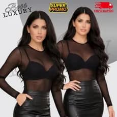 Body Tule Feminino Transparente Manga Longa Gola Redonda Elegante Sexi Look Festa Balada