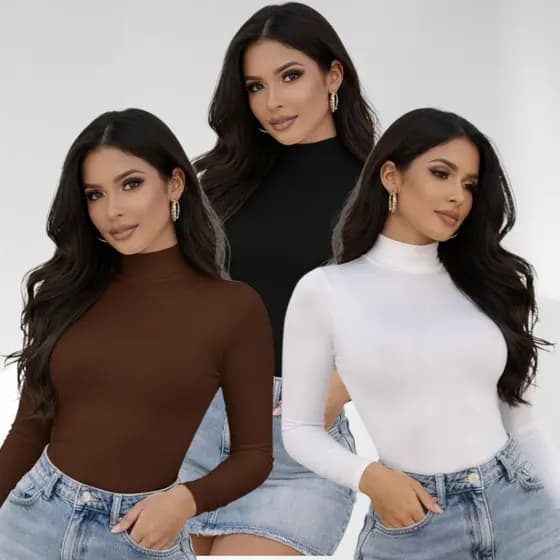 Kit 3 Body Feminino Manga Longa Gola Alta Suplex Cacharrel Moda Blogueira Confortável Tecido Premium