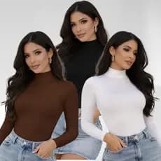 Kit 3 Body Feminino Manga Longa Gola Alta Suplex Cacharrel Moda Blogueira Confortável Tecido Premium