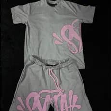 Conjunto Unissex Streetwear Syna Y2K Cinza com Rosa Hip Hop Estilo De Rua