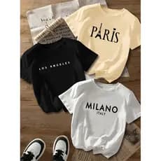 Kit 3 Camisetas Femininas Casual Manga Curta - Blusinha Paris, Los Angeles, Milão