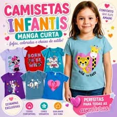 Kit 5 Camisetas Infantil Feminina Manga Curta Estampada – Malha Confortável 100% Algodão | Tam 2 ao 8