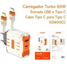 Super Lançamento Carregador de Tomada Fonte Turbo ORIGINAL KAIDI KD-693CC 65W Tipo-C e USB com cabo Tipo C para Tipo C
