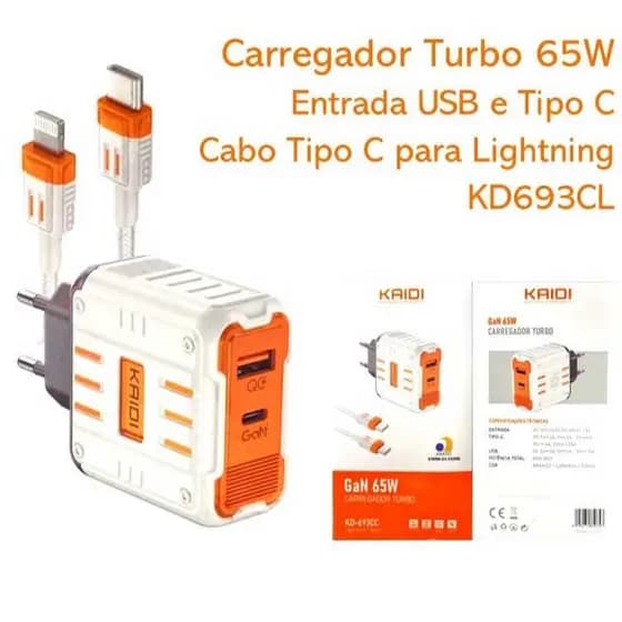 Super Carregador de Tomada Fonte Turbo ORIGINAL KAIDI KD-693CL 65W IOS Lightning USB com cabo Tipo C para IOS Lightning