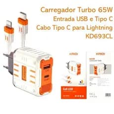 Super Carregador de Tomada Fonte Turbo ORIGINAL KAIDI KD-693CL 65W IOS Lightning USB com cabo Tipo C para IOS Lightning