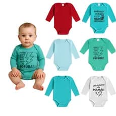 Kit 6 Bodies Manga Longa Bebe Suedine 3 Estampados e 3 Lisos Cores e Estampas Diversas