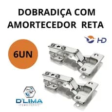 Kit 6 Dobradiças Reta Com Amortecedor Calço Fixo 35mm Armário Moveis