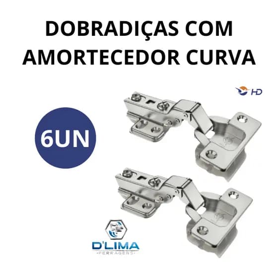 Kit 6 Dobradiças Curva Com Amortecedor Calço Fixo 35mm Armário Moveis
