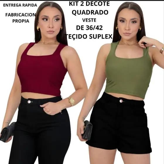 KIT 2  top cropped  blusa Regata Femenino Decote Quadrado Verao Tecido suplex com forro Duplo