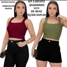 KIT 2  top cropped  blusa Regata Femenino Decote Quadrado Verao Tecido suplex com forro Duplo