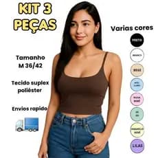 Kit 3 cropeed femenino  verão Alça Fina  Forro Duplo sem boyo Teçido Suplex liso Tamanho Unico ''M''