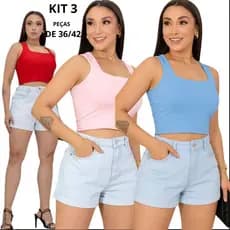 Kit 3 blusas Cropped Regata liso femenino Decote Quadrado  Forro Duplo Teçido Suplex