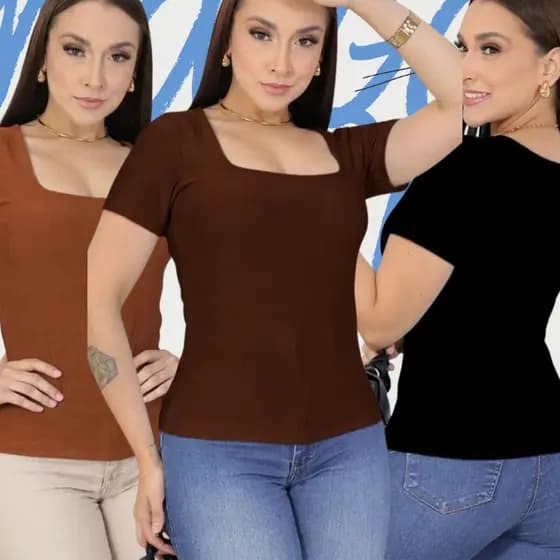 kit 3 Blusa Feminina Mnaga Curta Gola Quadrada Moda Casual 2025