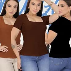 kit 3 Blusa Feminina Mnaga Curta Gola Quadrada Moda Casual 2025