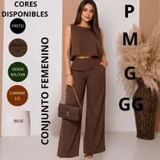 Conjunto Feminino Alfaiataria Duna Linho Premium Calça Pantalona Cintura Alta