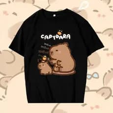 Camiseta Preta Unissex com Estilo Urbano e Estampa Adorável de Capivaras Parent - Child