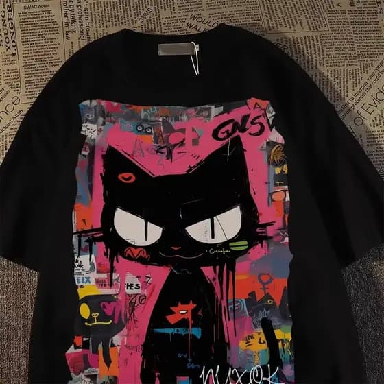 Camiseta Preta Unisex, Design com Gato Estilizado em Grafite, Moda Urbana