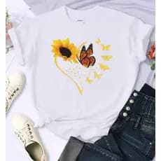Camiseta Premium em Algodão Puro SISI Camiseta Flor Girassol Coração Borboleta Novo!