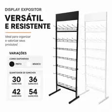 Display Expositor Metálico com 30, 36, 42 ou 54 Ganchos de 20cm para Encartelados Preto Branco Loja