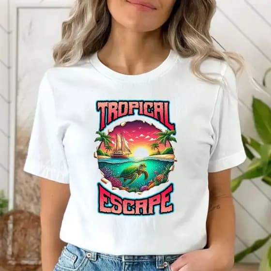Camiseta Feminina Estampa Praia Pôr do Sol Tropical Moda Jovem Streetwear