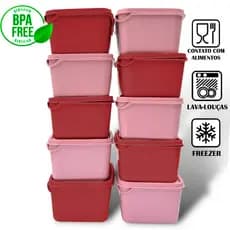 Kit 10 Potes Plásticos - Vasilhas - 1 litro - Marmita com tampa - Micro-ondas e Freezer - Retangular