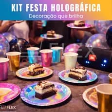 Kit Festa 20 Peças Furta-Cor Metalizado – Copos + Pratos -- Desscartável Holográfico Aniversário